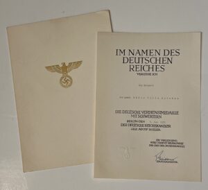 German Eagle Order with Swords Award Document to "Sargento Don Amado Medina Villa Esteban