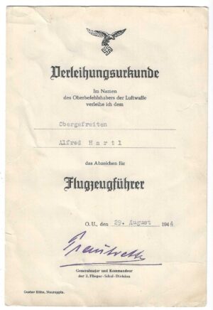 Luftwaffe Pilot Unteroffizier Alfred Ludwig Hartl Set of documents, 1945 award