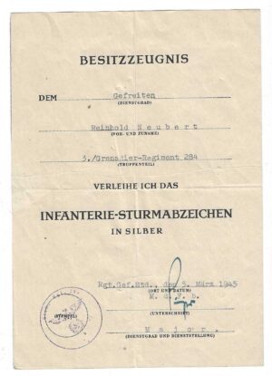 Solbutch and Award Certificates (1945) of Gefreiten Reinhold Neubert - 33./Gren.-Rgt.284 (96. Infanterie-Division)
