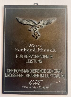 Luftwaffe Honor Plaque (Ehrenschild)of Luftgaues XI to Major Gerhard Mirsch